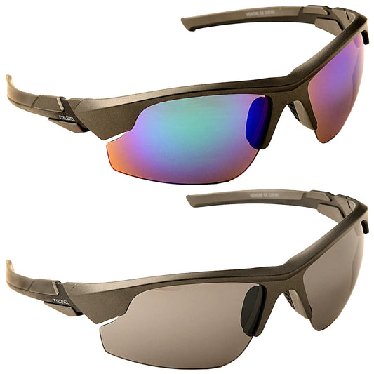 Two pairs of sunglasses are displayed one above the other featuring a sleek black frame and different lens colors one with reflective gradient lenses and the other with dark gray lenses
