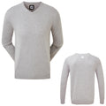 A gray long-sleeve sweater is displayed from the front and back showing a V-neck design and ribbed cuffs with a logo tag at the neckline