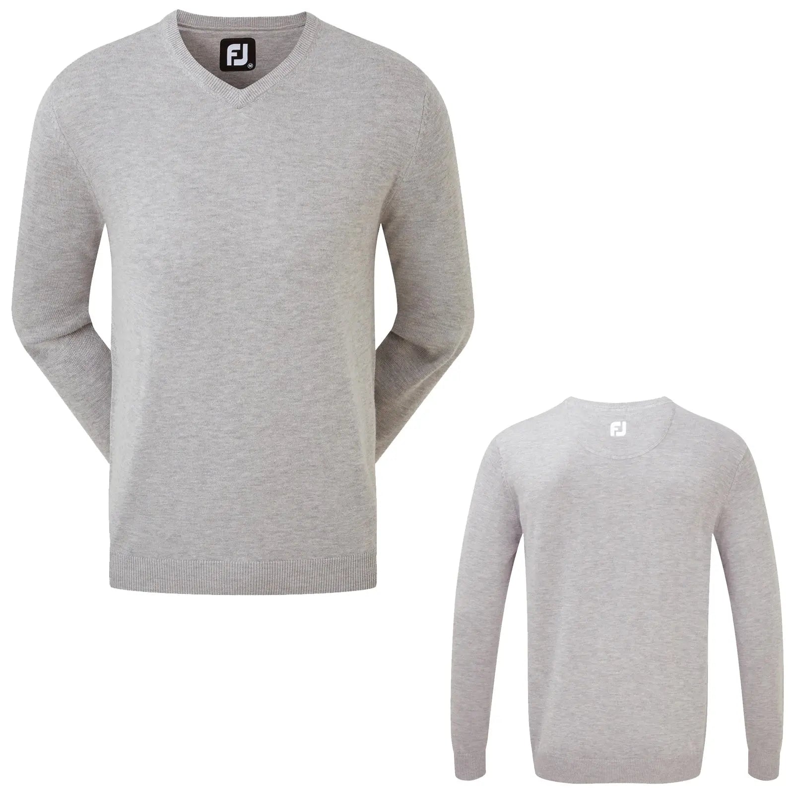 A gray long-sleeve sweater is displayed from the front and back showing a V-neck design and ribbed cuffs with a logo tag at the neckline
