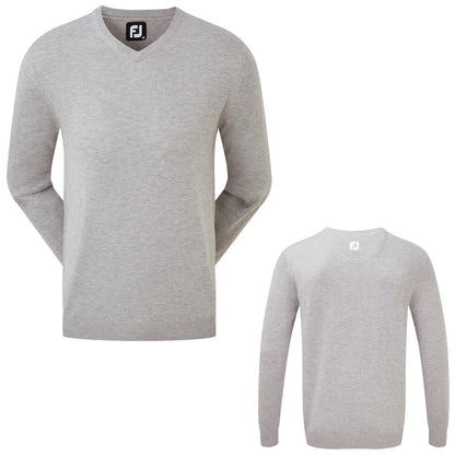 A gray long-sleeve sweater is displayed from the front and back showing a V-neck design and ribbed cuffs with a logo tag at the neckline