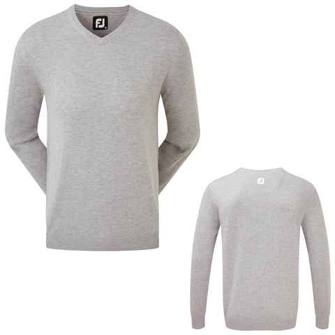 A gray long-sleeve sweater is displayed from the front and back showing a V-neck design and ribbed cuffs with a logo tag at the neckline
