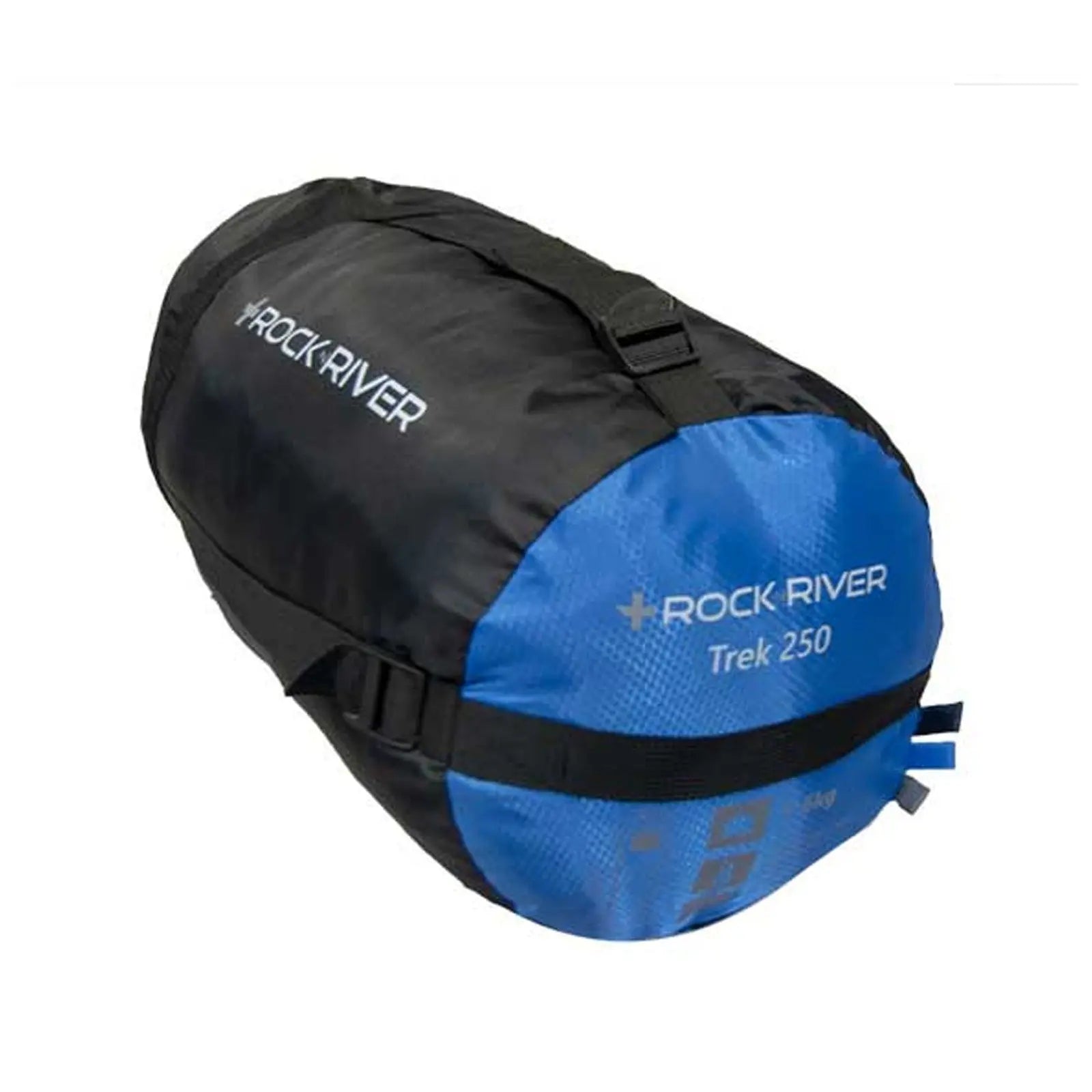 A blue and black trekking sleeping bag is laid out showcasing its brand name Rock River and model Trek 250 while emphasizing its lightweight design for outdoor activities.