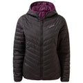 A black insulated jacket with a hood is displayed frontally featuring a zippered closure and a chevron pattern on the fabric indicating warmth and outdoor use. The interior is lined with purple material.