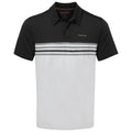 A polo shirt is displayed featuring a black top half and a white bottom half with horizontal gray stripes across the chest the collar is a standard style and includes branding on the front