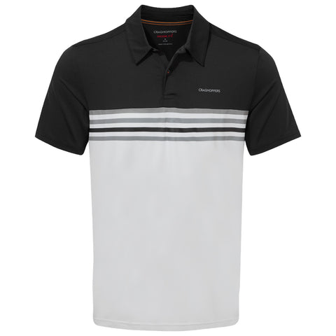 A polo shirt is displayed featuring a black top half and a white bottom half with horizontal gray stripes across the chest the collar is a standard style and includes branding on the front