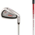 A golf club with a polished silver finish is displayed at an angle showcasing its grooved face and shaft marked with "MC-530 Power-Assisted J Flex" against a neutral background.