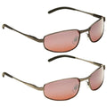 Two pairs of sunglasses with a brown metallic frame and pink tinted lenses are displayed side by side against a white background showcasing their sleek design and functional aesthetic.
