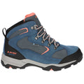 Blue waterproof hiking boot features a high top design with mesh panels and a sturdy rubber sole. It is equipped with metal eyelets for laces and a padded collar for comfort.