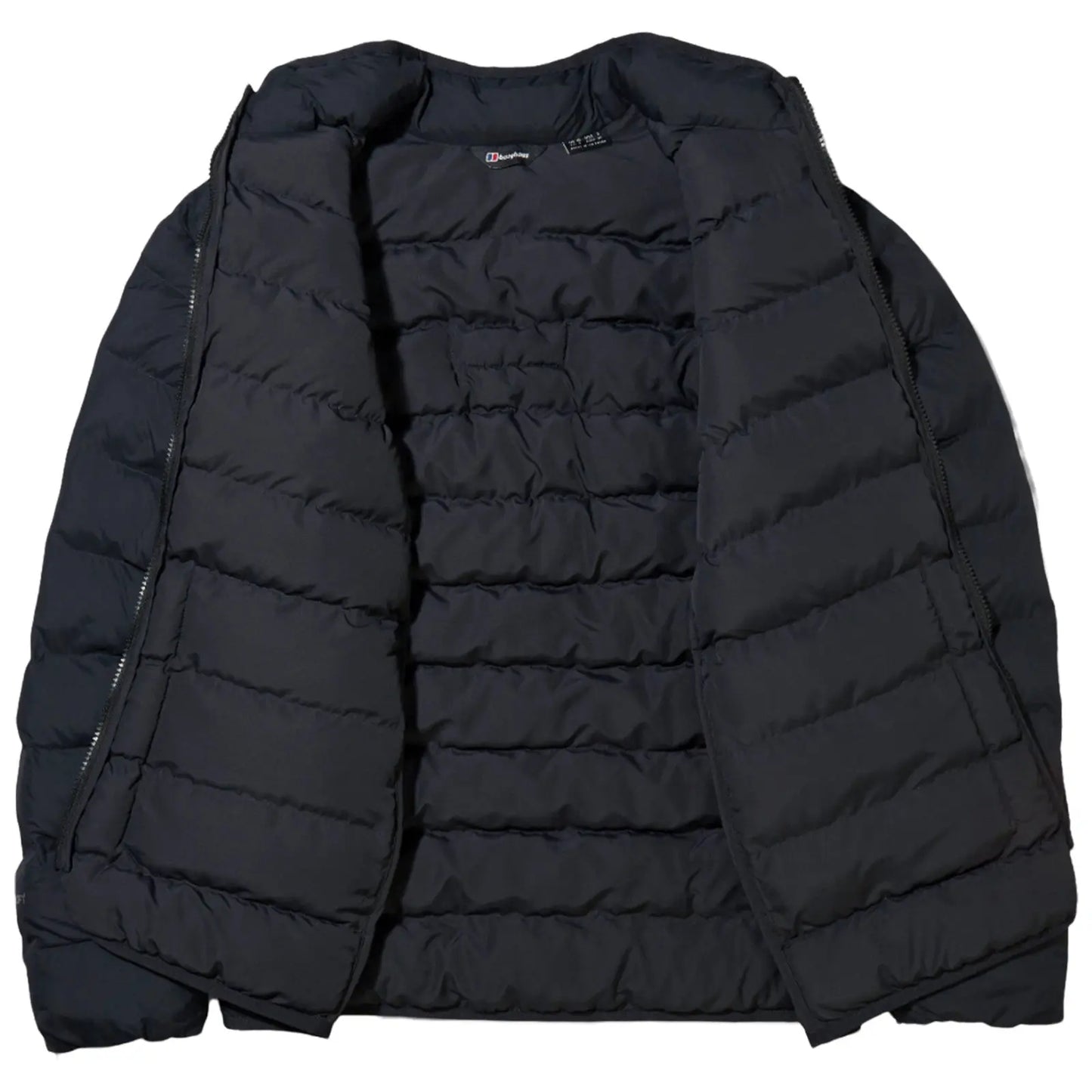 A black puffer jacket is displayed open showcasing its quilted design and soft interior lining highlighting its insulation features suitable for cold weather environments.