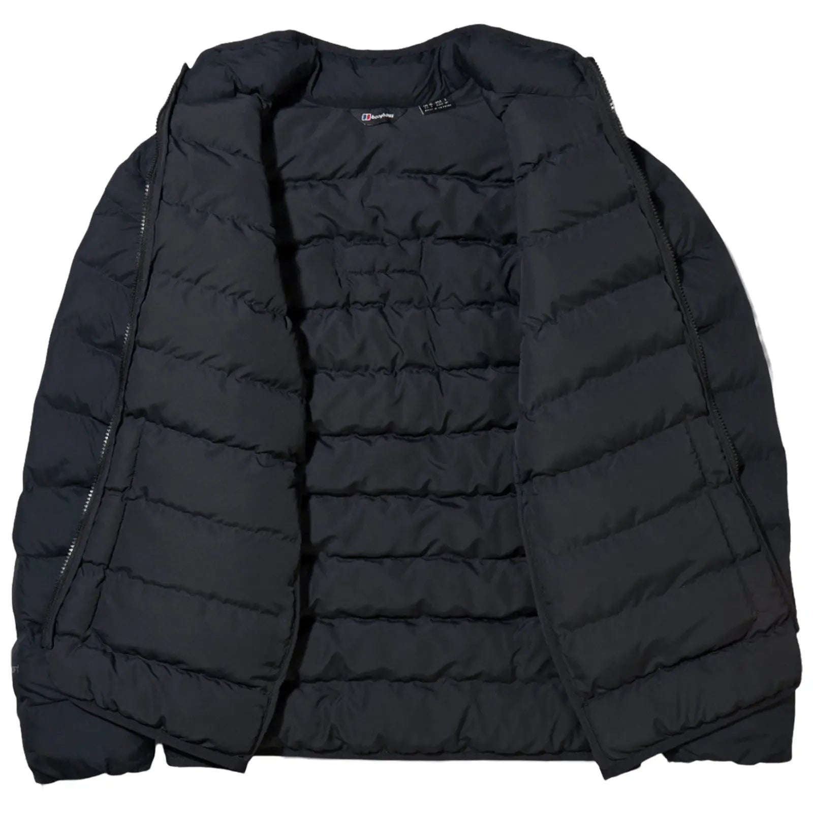 A black puffer jacket is displayed open showcasing its quilted design and soft interior lining highlighting its insulation features suitable for cold weather environments.