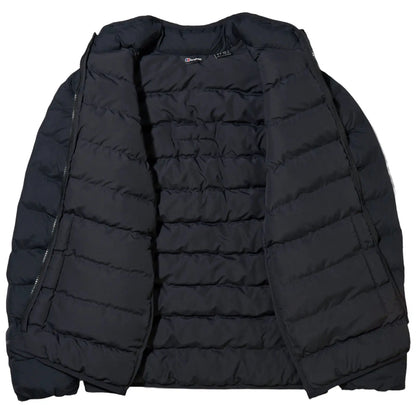 A black puffer jacket is displayed open showcasing its quilted design and soft interior lining highlighting its insulation features suitable for cold weather environments.