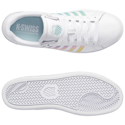 A pair of white athletic shoes with pastel-colored stripes is displayed from an overhead view showcasing a smooth surface and a textured sole with a logo at the center.