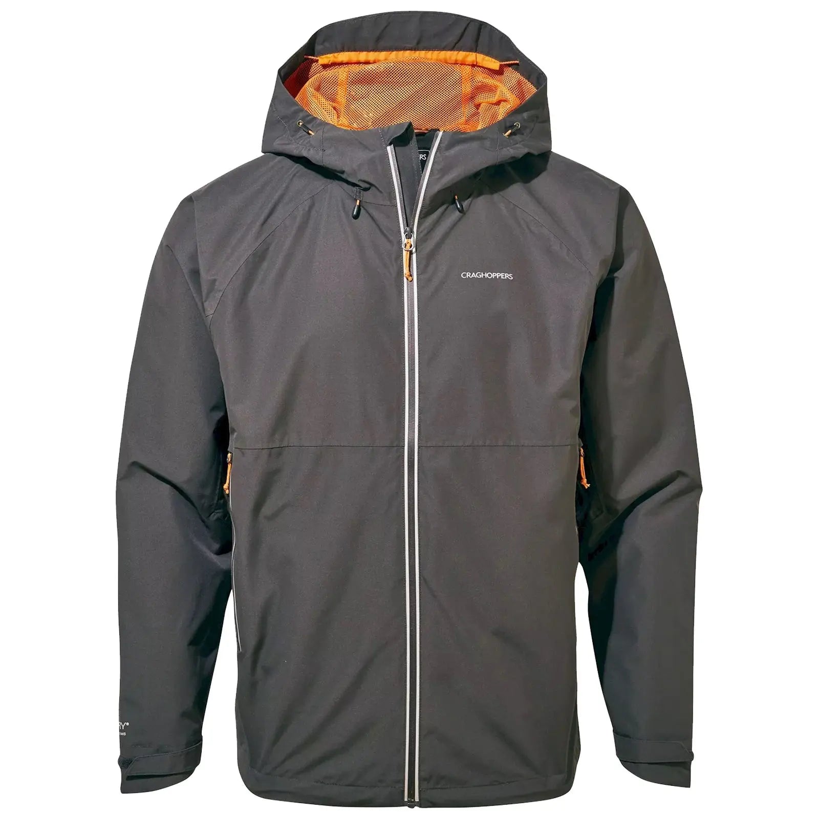 A black waterproof jacket features an orange mesh lining and a hood with adjustable cords. It has a front zipper and two side pockets, suitable for outdoor activities.