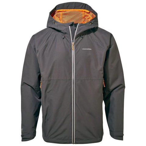 A black waterproof jacket features an orange mesh lining and a hood with adjustable cords. It has a front zipper and two side pockets, suitable for outdoor activities.