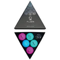 A triangular black box features colorful balls inside. The balls are in shades of pink and blue, displaying various alien-themed designs alongside the text "Volvik" and "ALIEN."