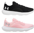 Under Armour Ladies Victory Trainers Two athletic shoes are displayed side by side with the black shoe on top and the pink shoe below. The black shoe features a sleek design while the pink shoe has a softer appearance.