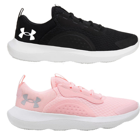 Under Armour Ladies Victory Trainers Two athletic shoes are displayed side by side with the black shoe on top and the pink shoe below. The black shoe features a sleek design while the pink shoe has a softer appearance.