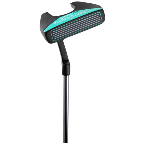 A golf putter stands upright with a black and teal head featuring horizontal grooves on the face its shaft is shiny silver set against a plain white background.