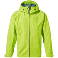 A bright green waterproof jacket with a hood features a front zipper and adjustable drawstrings at the collar, designed for outdoor activities in wet conditions.