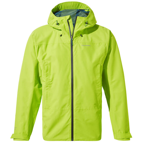 A bright green waterproof jacket with a hood features a front zipper and adjustable drawstrings at the collar, designed for outdoor activities in wet conditions.