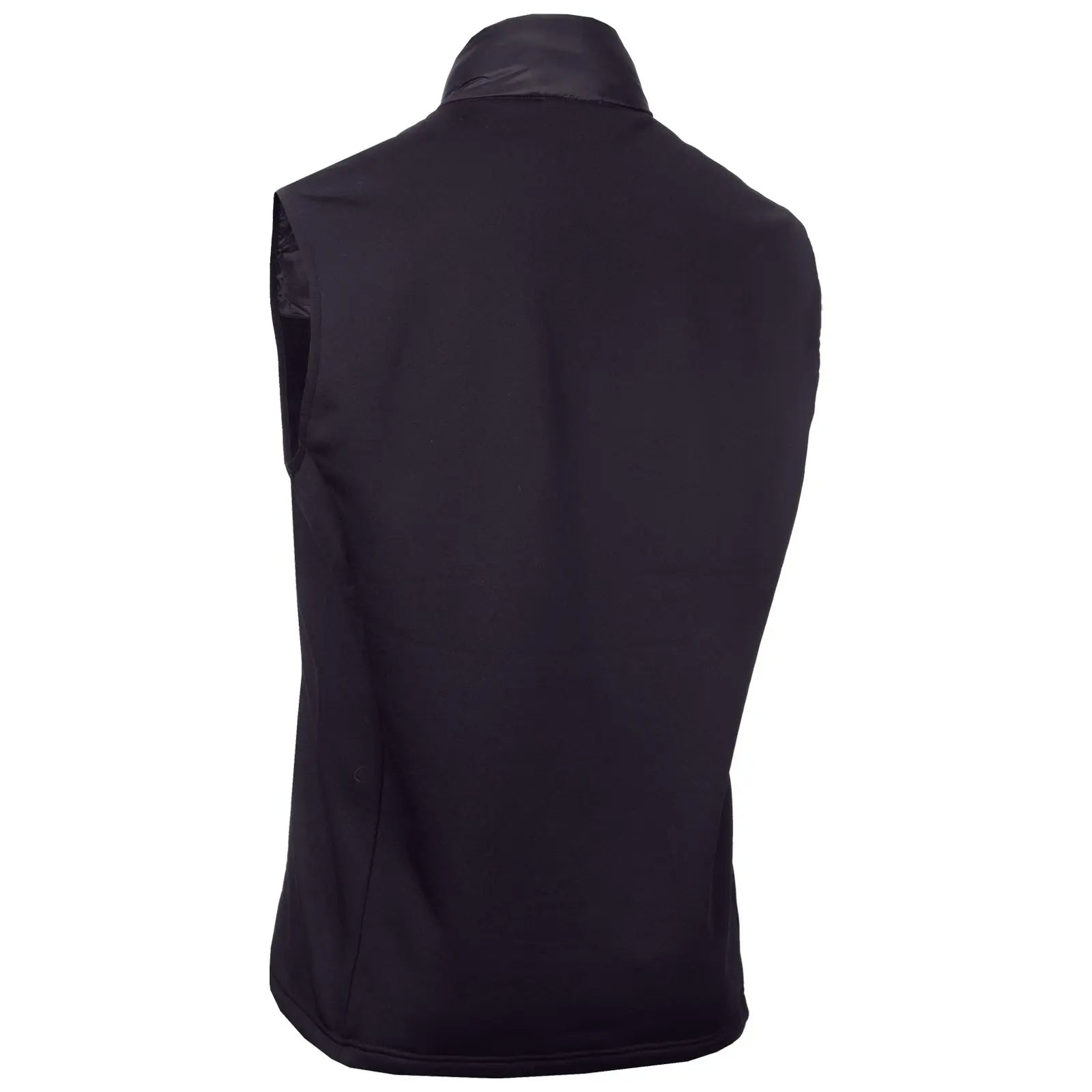 A sleeveless black vest stands upright showcasing a smooth texture and high collar within a neutral background conveying a sense of casual wear suitable for layering or outdoor activities.