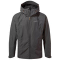 A black waterproof jacket with a hood and adjustable drawstrings is displayed front-facing its zippers and pockets highlighted against a plain white background suggesting suitability for outdoor activities.