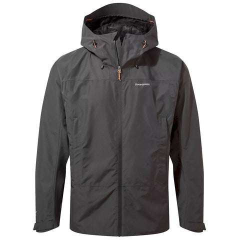 A black waterproof jacket with a hood and adjustable drawstrings is displayed front-facing its zippers and pockets highlighted against a plain white background suggesting suitability for outdoor activities.
