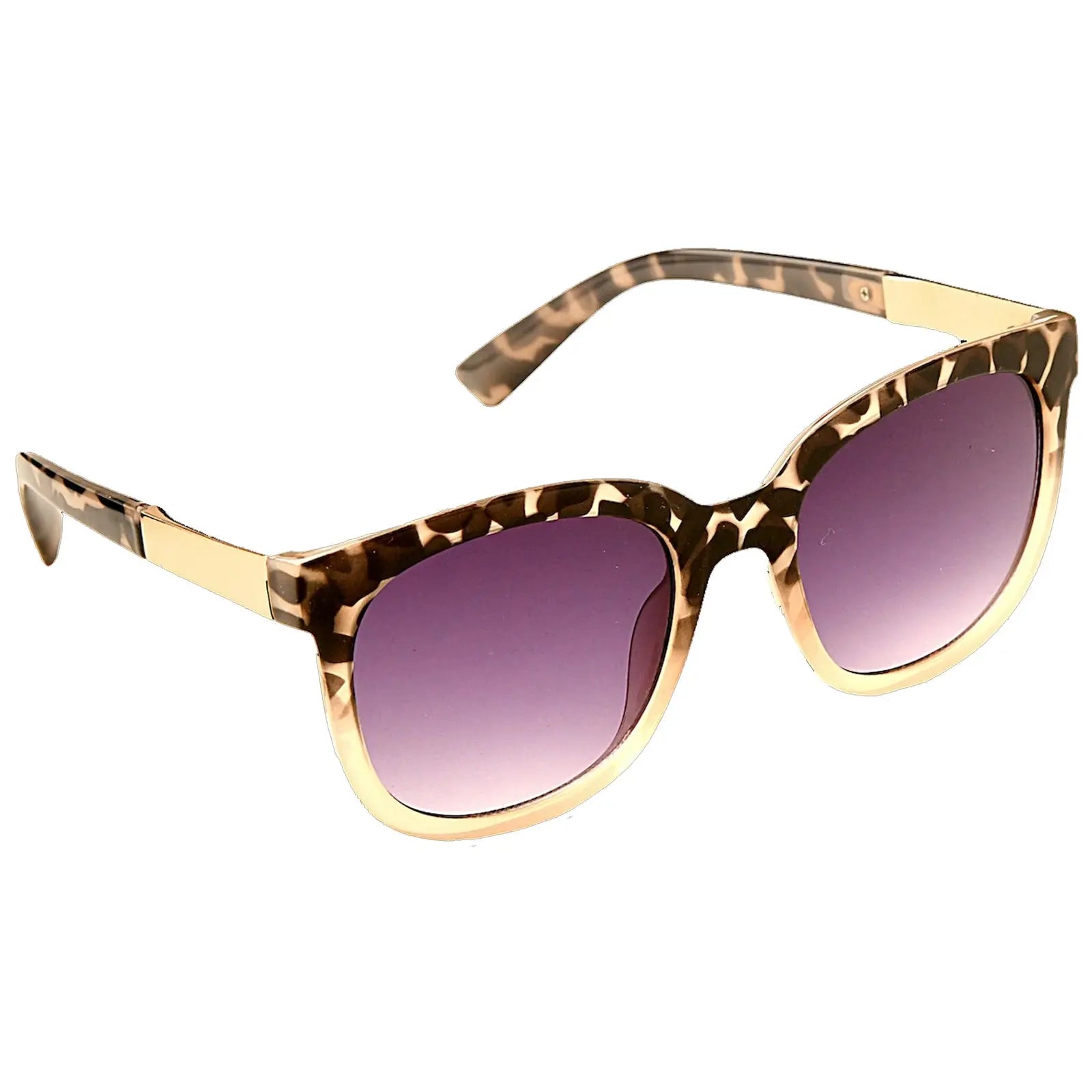 Stylish sunglasses with a leopard print frame and gradient purple lenses are positioned at an angle showcasing their sleek design ideal for sunny environments.