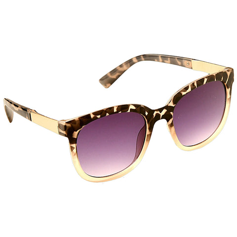 Stylish sunglasses with a leopard print frame and gradient purple lenses are positioned at an angle showcasing their sleek design ideal for sunny environments.