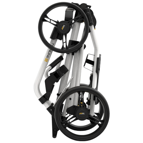 A lightweight stroller is folded for storage showcasing its compact design with two large wheels and a streamlined frame suitable for easy transportation in various environments.