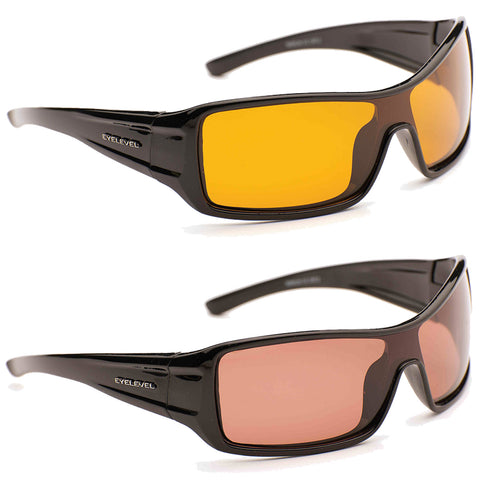 A pair of sunglasses with a black frame features yellow lenses on top and pink lenses below showcasing a split design suitable for various lighting conditions.