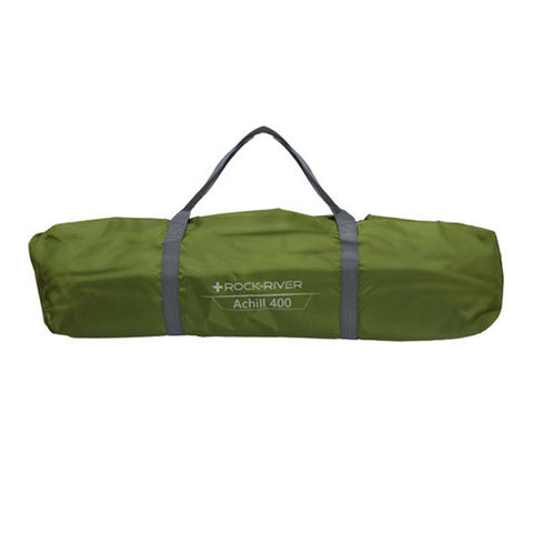 A green cylindrical carrying bag with gray straps is displayed horizontally. It is designed for outdoor use, likely holding a camping item, and is labeled Achill 400.