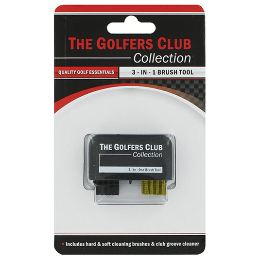 A black and yellow 3-in-1 golf brush tool is packaged. It includes hard and soft cleaning brushes and a club groove cleaner, designed for maintaining golf equipment.