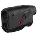 A black rangefinder with dual lenses sits angled slightly to one side featuring a red button marked SLOPE and a control for power settings in a compact design.