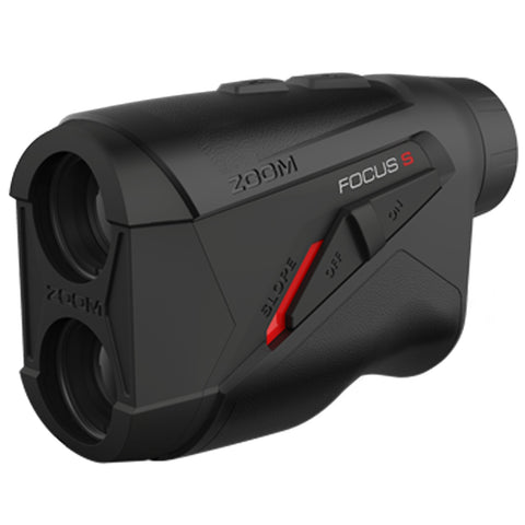 A black rangefinder with dual lenses sits angled slightly to one side featuring a red button marked SLOPE and a control for power settings in a compact design.