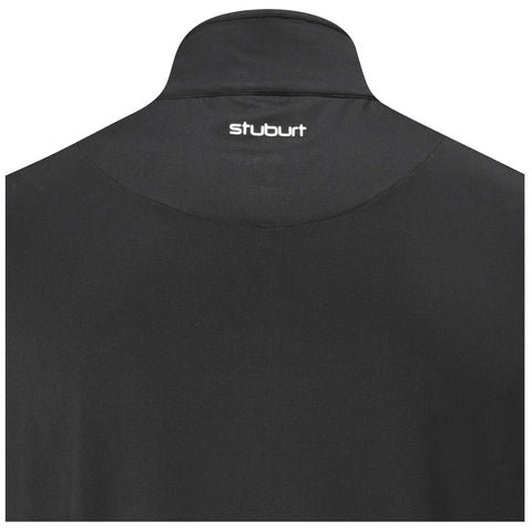 Black polo shirt displayed from the back showing a folded collar and the brand name "Stuburt" embroidered in white at the neckline against a plain background.