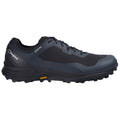 A black outdoor shoe is positioned sideways featuring a textured upper and lacing system designed for support and grip in rugged terrains with a Vibram outsole for traction.