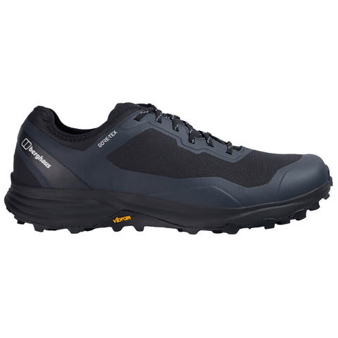 A black outdoor shoe is positioned sideways featuring a textured upper and lacing system designed for support and grip in rugged terrains with a Vibram outsole for traction.