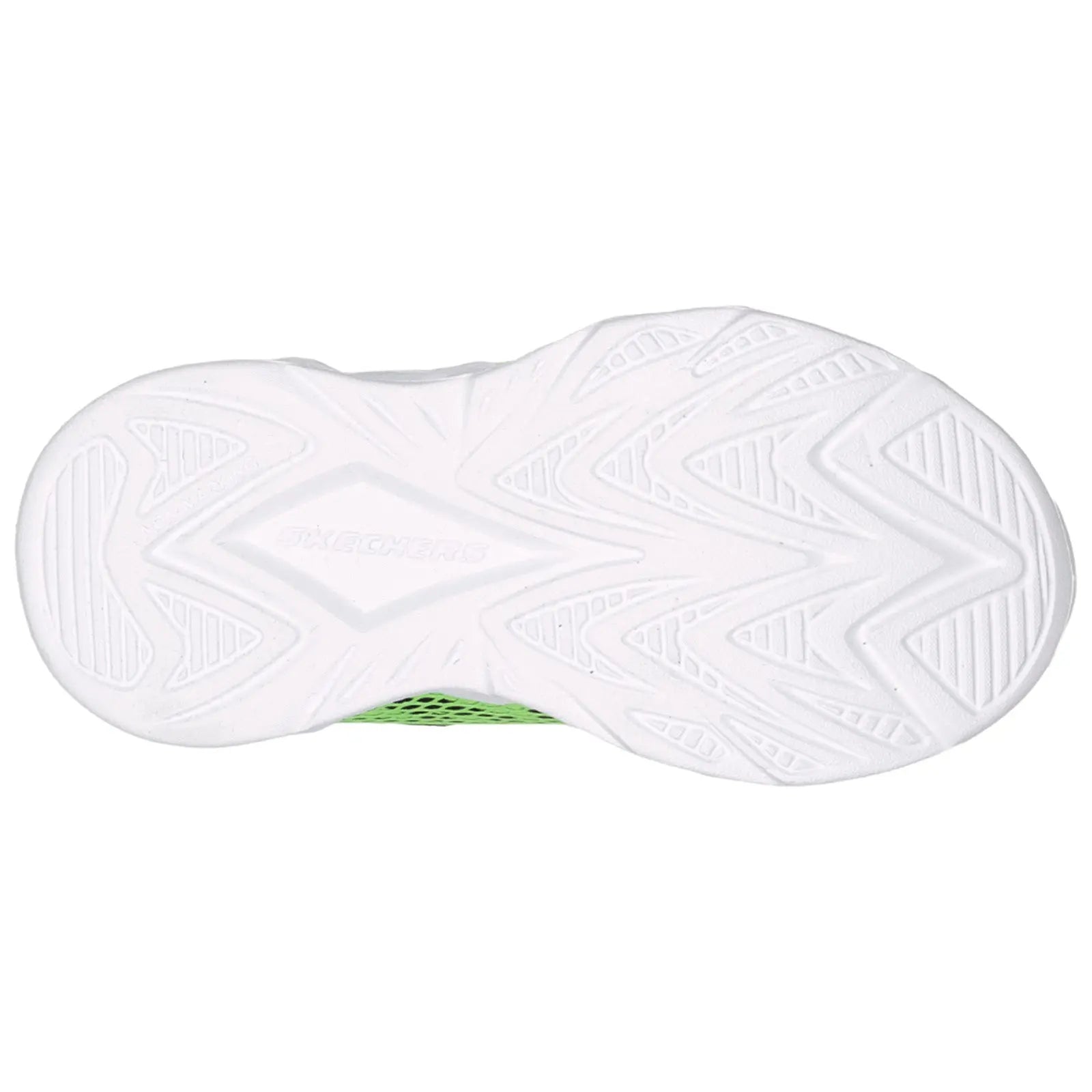A white sneaker sole features a patterned tread design with grooves and ridges for traction placed on a flat surface showcasing its lightweight structure and design.
