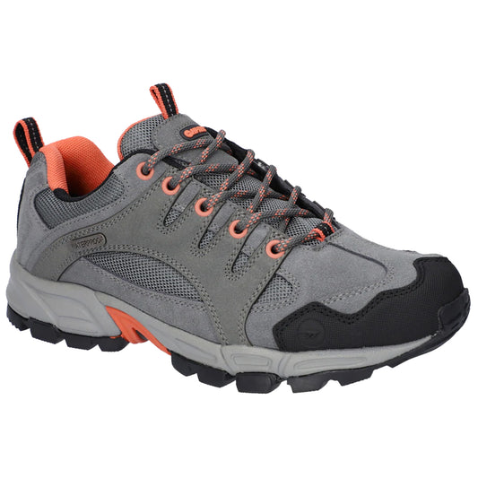 A gray waterproof outdoor shoe features an orange inner lining and black rubber toe cap laces are threaded through eyelets with orange accents suitable for hiking or casual wear.