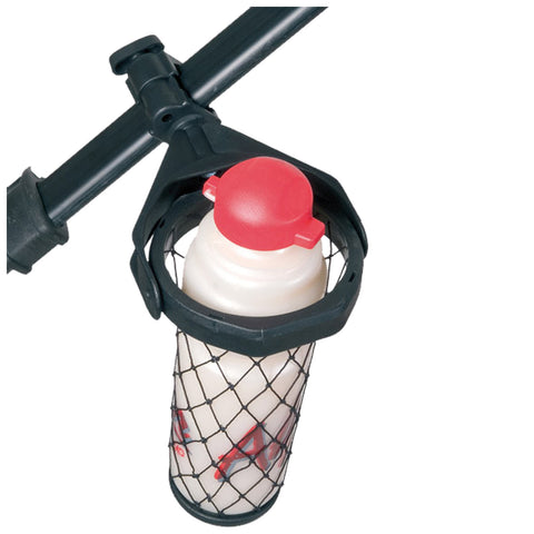 A white sports water bottle with a red cap is secured in a black netting holder attached to a black frame indicating it is designed for easy access during activities.