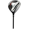 A golf driver with a sleek metallic head and a black shaft is positioned upright against a plain background showcasing its aerodynamic design and branding elements.