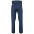 Navy blue trousers are displayed standing upright with the back view visible featuring two decorative white stripes on the rear pockets in a neutral background.