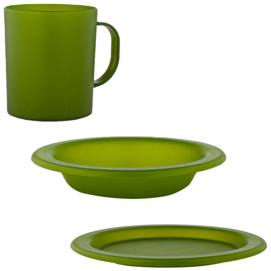 A green cup with a handle sits above a shallow bowl and a flat plate both in the same green color, all appearing to be made of a similar material and style.