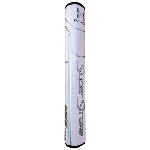 A golf grip labeled Super Stroke stands upright on a white background featuring a textured surface for enhanced grip with branding elements visible along its side.