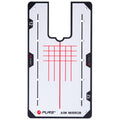 A rectangular aim mirror with a white background features red grid lines and measurement indicators. It is designed for alignment and precision aiming in a practice environment.