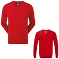 Red sweaters are displayed with one featuring a V-neck design and the other a crew neck style on a white background highlighting their color and shape
