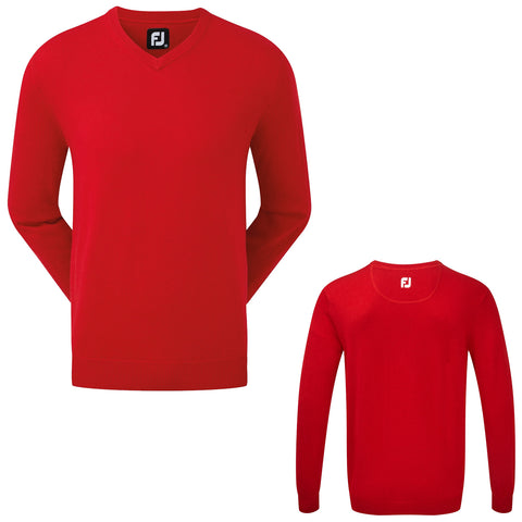 Red sweaters are displayed with one featuring a V-neck design and the other a crew neck style on a white background highlighting their color and shape
