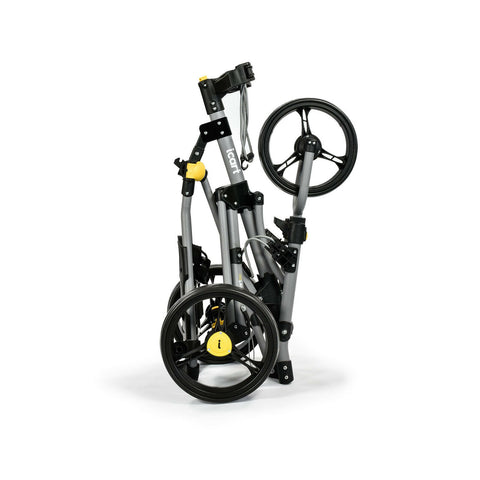 A gray folding cart stands upright with its wheels positioned downward showcasing compactness and portability in a minimalistic setting against a plain white background