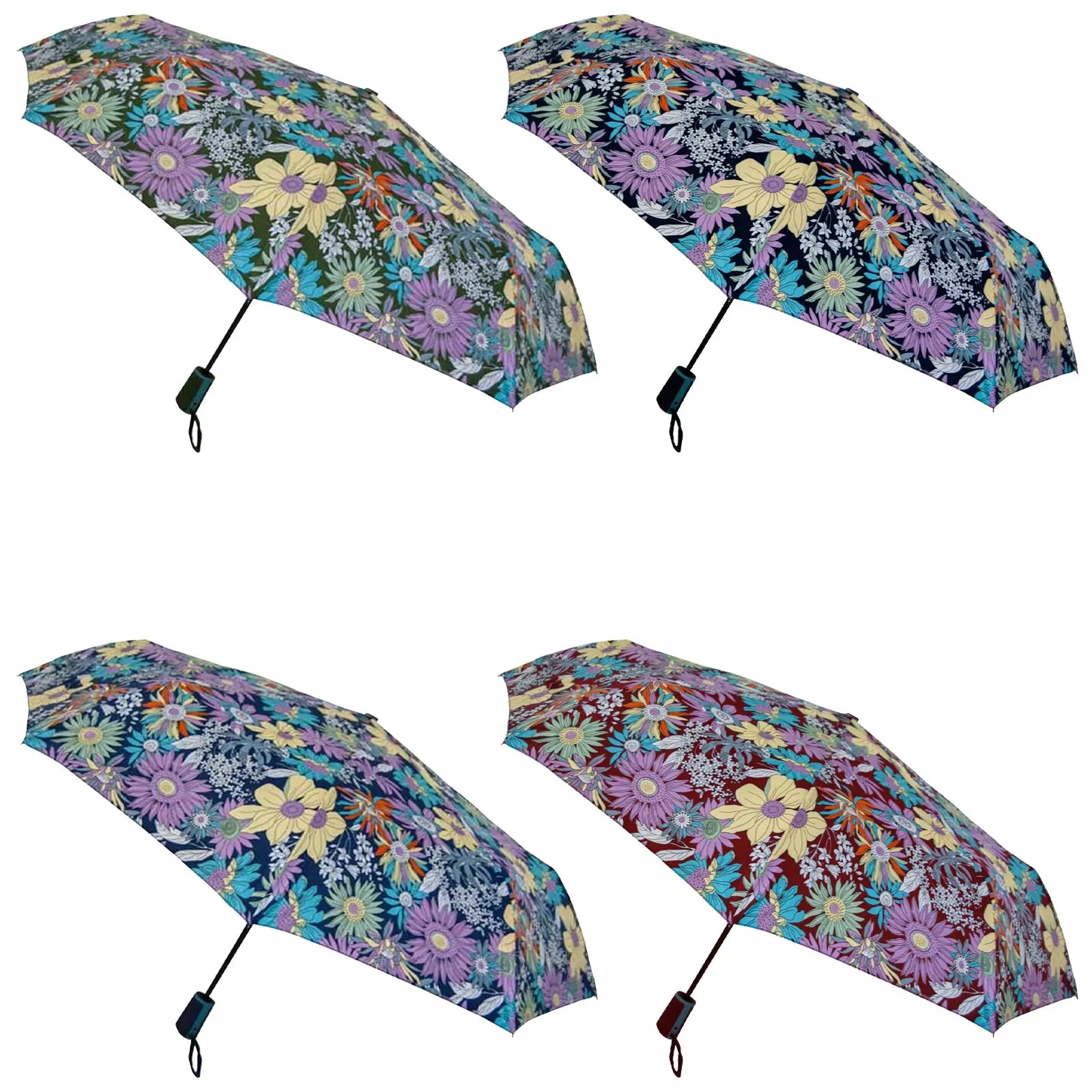 Four colorful umbrellas are displayed opened with vibrant floral patterns covering their canopies in a variety of colors against a neutral background showcasing their design and style.